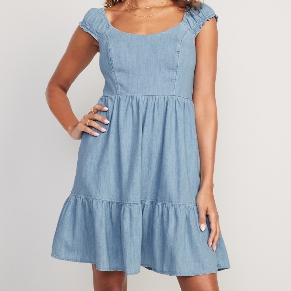 Old Navy Chambray Tiered Dress with Pockets #419629 NWT